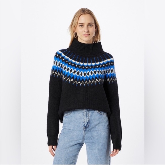NWOT GAP Fair Isle Funnelneck Sweater Size 2X in Black Norwegian Pattern New - Picture 1 of 8